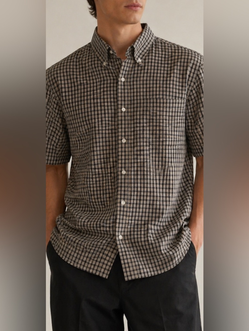 Bogari Plaid Button Down Shirt Mens L Brown Check Short Sleeve Casual
